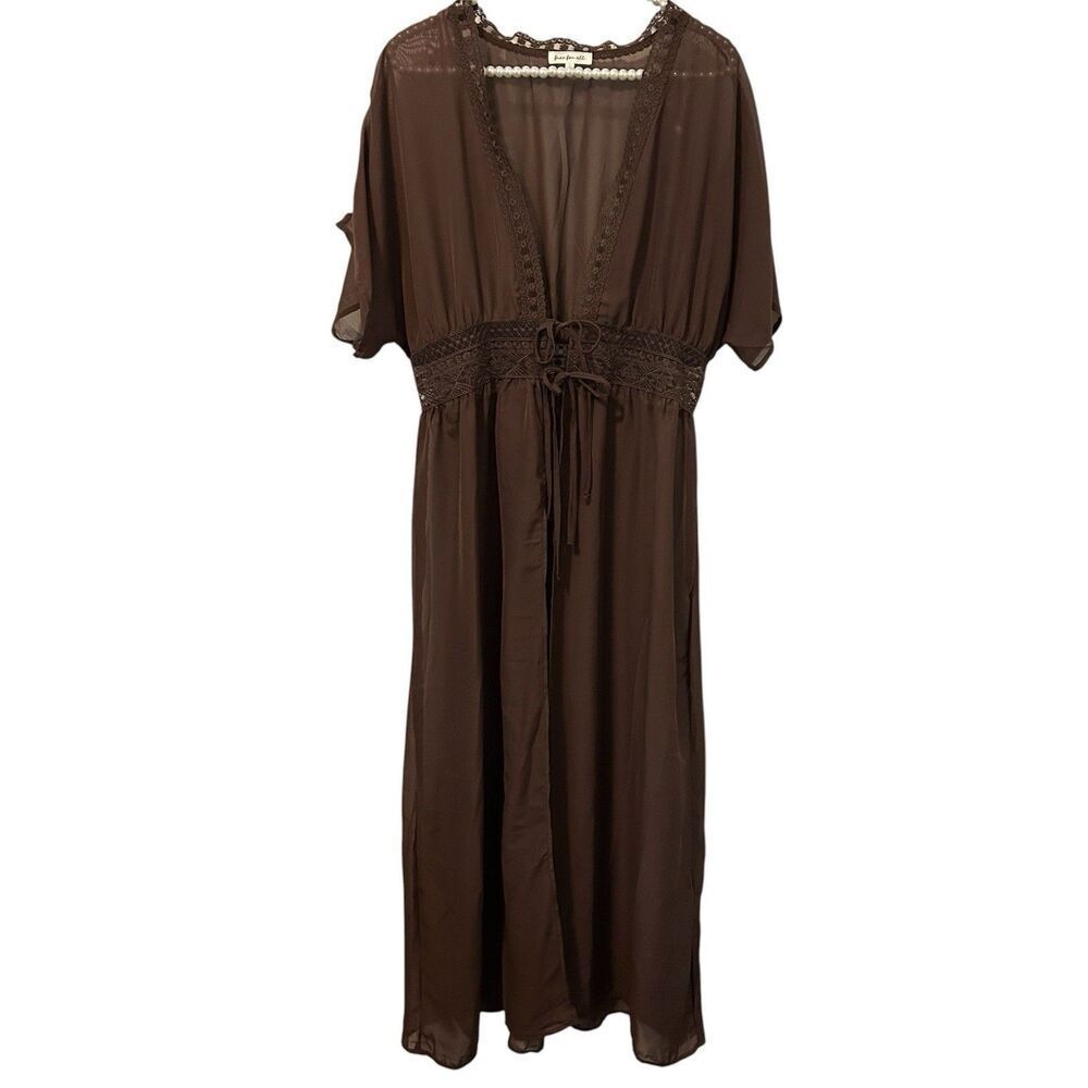 Women Beach Swim Cover Up Dress Size L Brown Boho Hippie Coastal Lace Front Tie